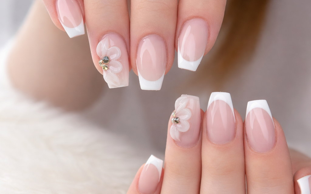 Fransk manikyr med rosa detaljer och blommor